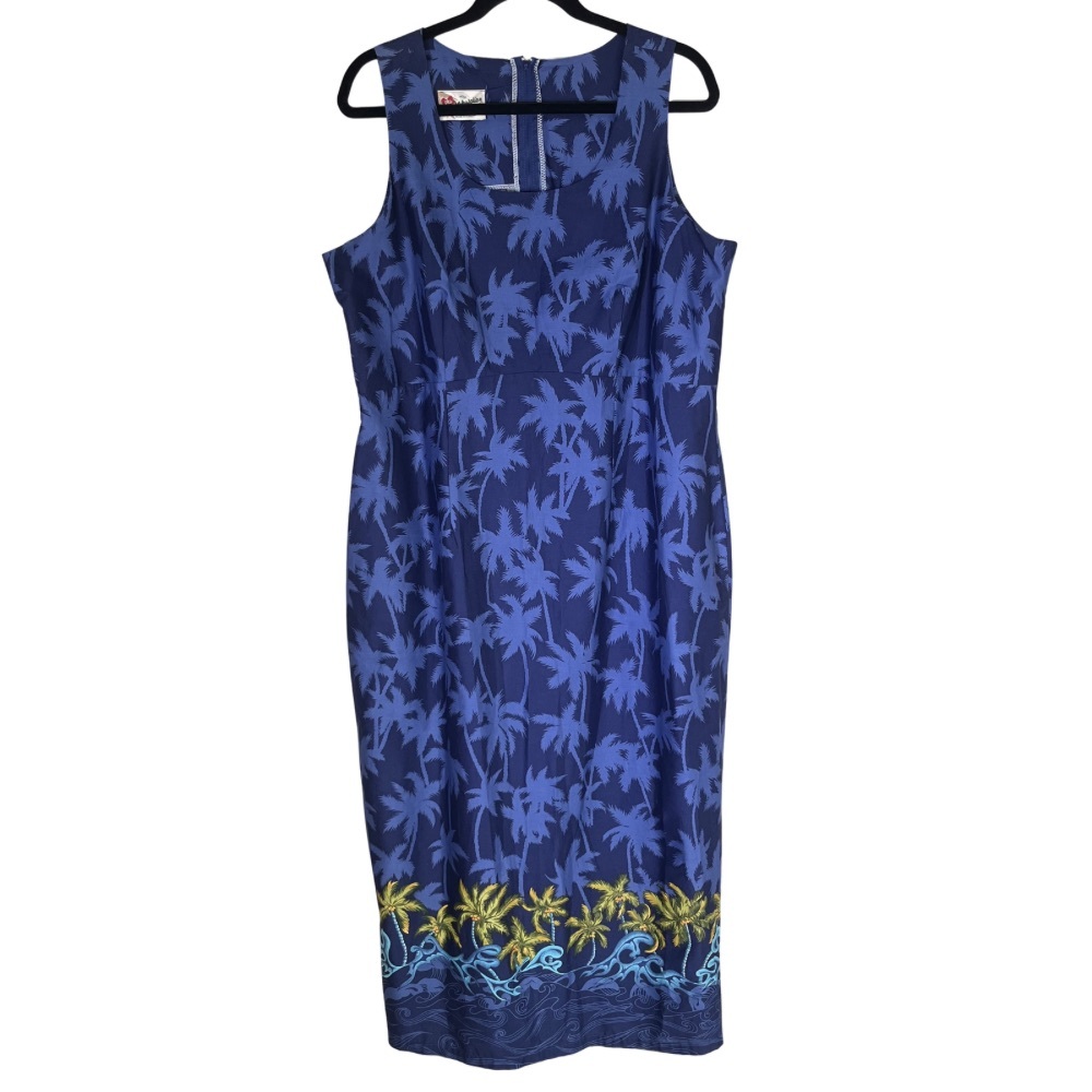 Vintage Hilo Hattie Maxi 20 • 100% Cotton • Navy Palm Tree Tropical Dress
